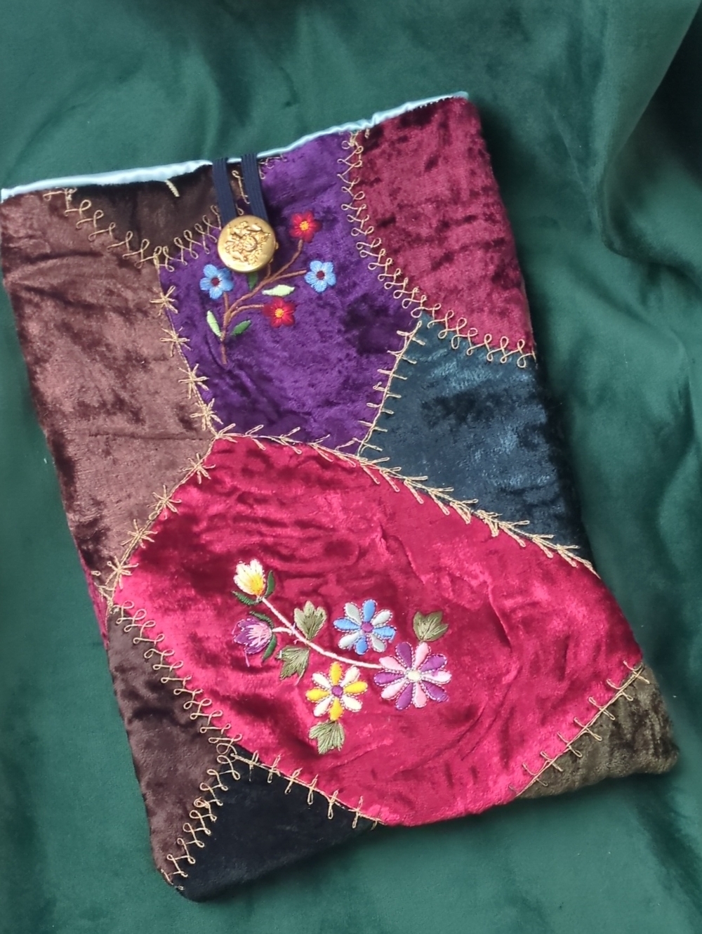 Handmade Vintage Crazy Quilt Velvet Book Sleeve Embroidered Floral OOAK
